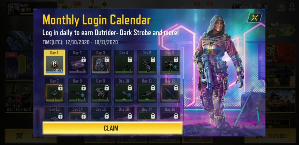 Monthly Login Calendar in COD Mobile - Outrider (Dark Strobe)