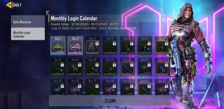 Outrider (Dark Strobe) - Monthly Login Calendar