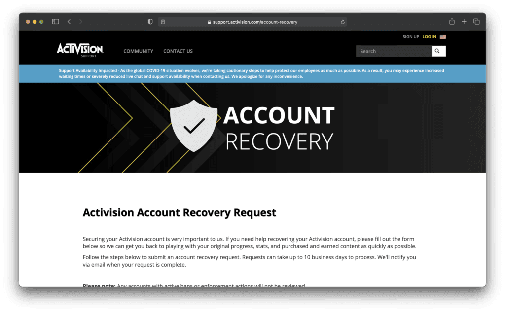 Activision Account Recovery Request