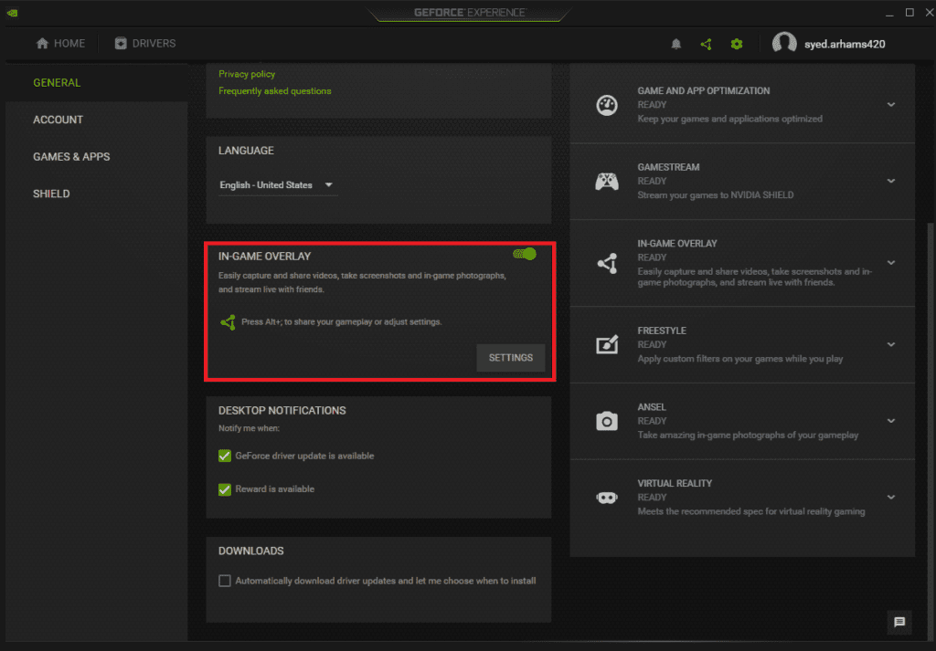 Nvidia in-game overlay setting