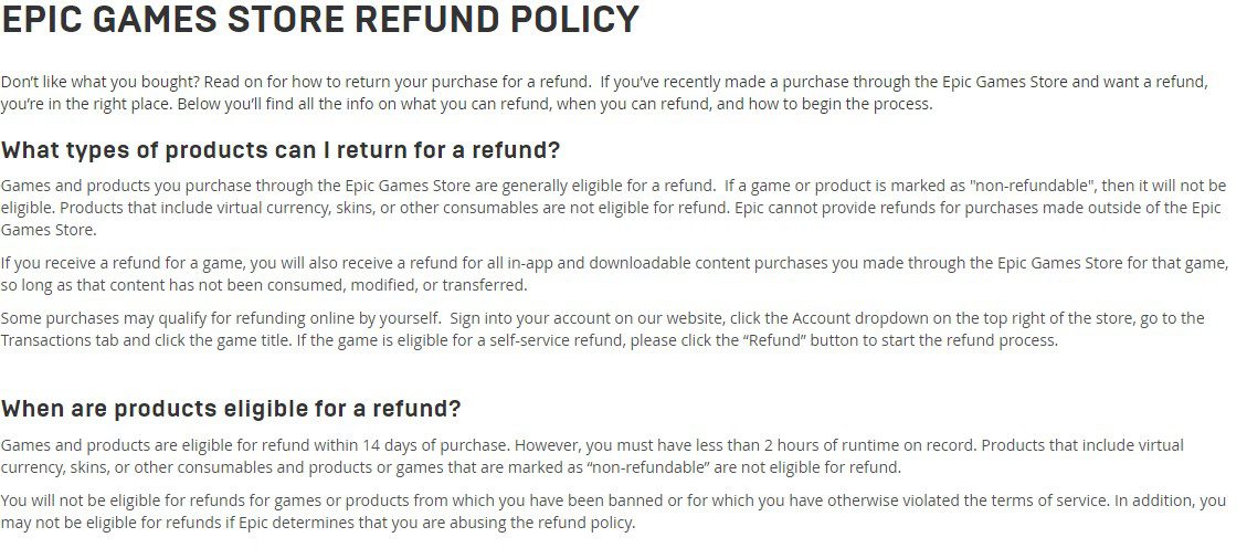 Epic Games Store Refund Policy