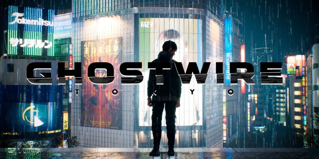 Ghostwire Tokyo Review Akito standing infront of billboards with game title in front