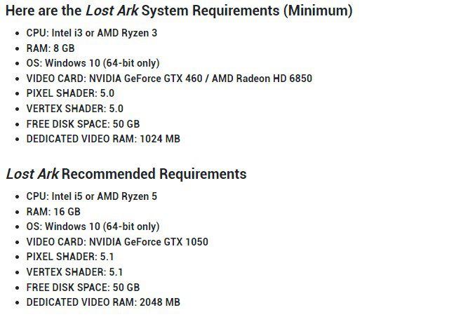 Lost Ark System Requirements