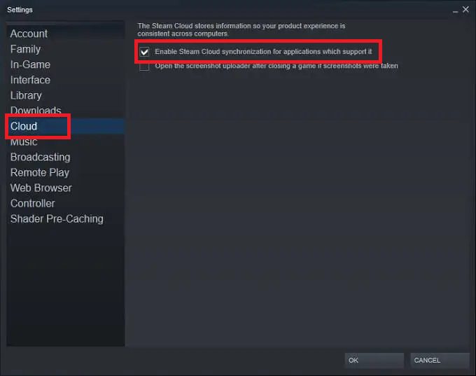 Steam Cloud Settings