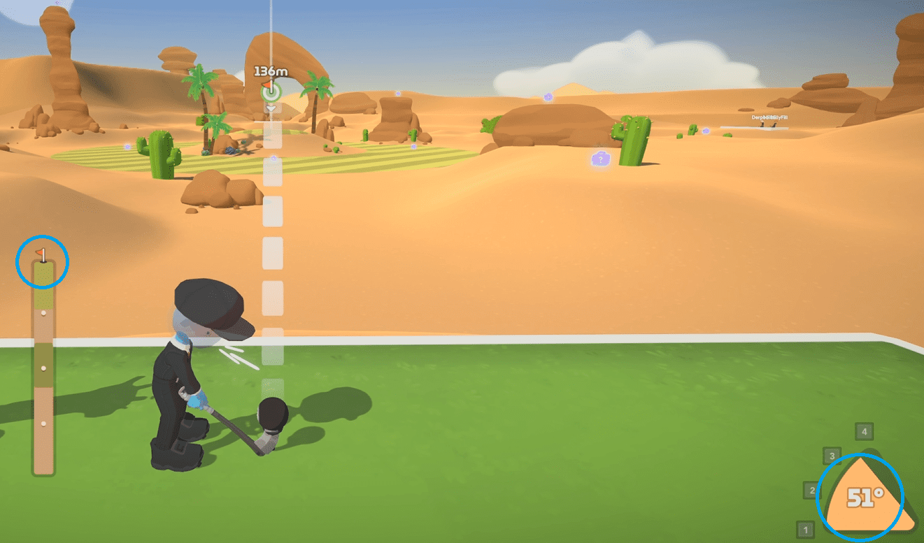 Super Battle Golf Hole in One Guide: Desert 1 Showdown and Coast 8 Gauntlet 3 Desert 1 initial alignment at 51 degrees